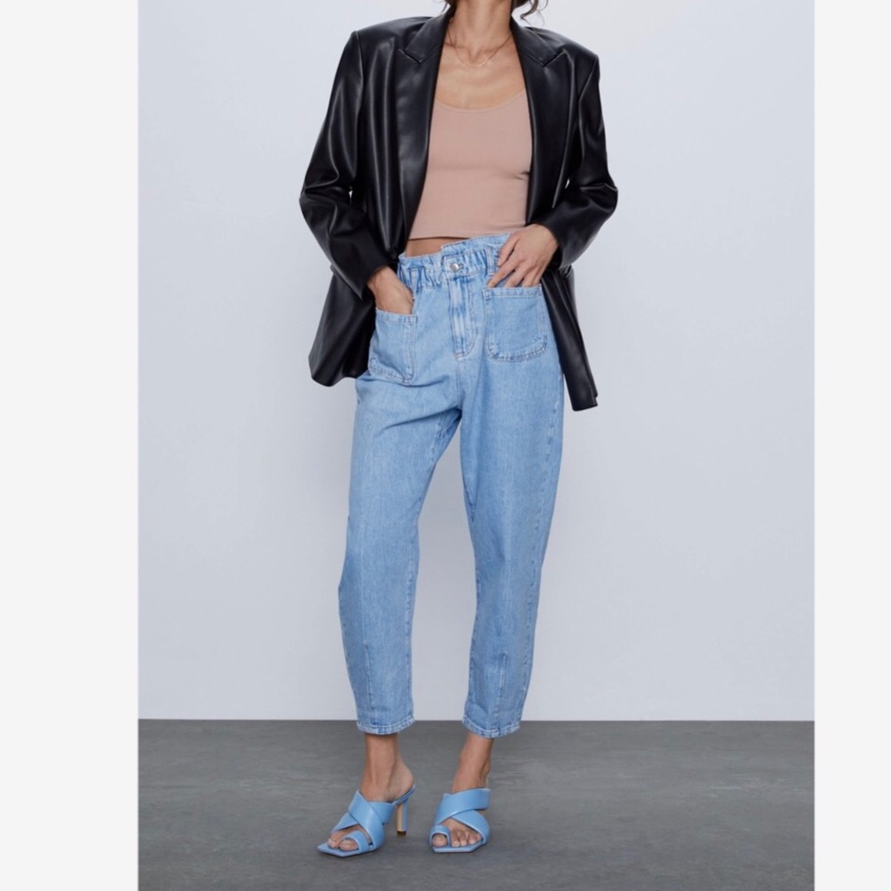 Zara Baggy Paperbag Waist Jeans In Blue Denim Size 4